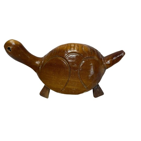 Hand Carved Wooden Turtle with Beaded Eyes Jamaica Souvenir 5" L x 3 W x 1.5" H - Picture 3 of 7